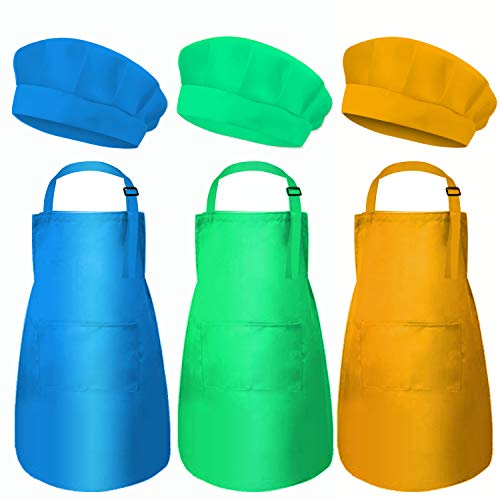 6 Pieces Kids Chef Hat Apron Set Adjustable Cotton Aprons Kitchen Bib Aprons