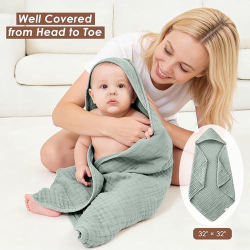 Image of Ease Cubs 3-Pack Muslin Hooded Baby Towels, 100% Cotton, Ultra-Soft & Absorbent Baby Bath Towels with Hood for Babies, Infant, Toddler and Newbron (Emerald Series,32 inch x 32 inch)