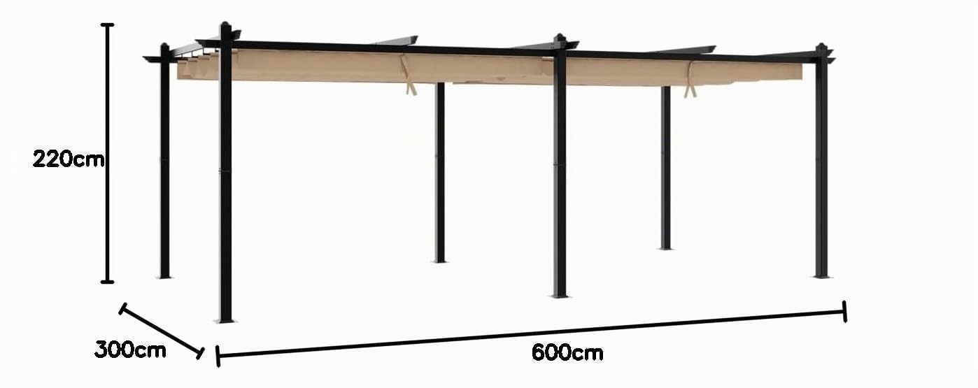 IKAYAA Pérgola de Jardín con Techo Retráctil, Pérgola de Aluminio 6x3 m, Cenador de Jardín, Poliéster Resistente al Agua y a UV para Patio Terraza Exterior Taupé