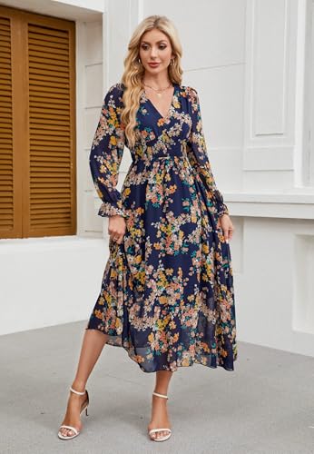 Women's 2025 Floral Summer Maxi Dress, Spring Long Sleeve V-Neck Empire Waist Dress, Flowy Wedding Guest Dresses2