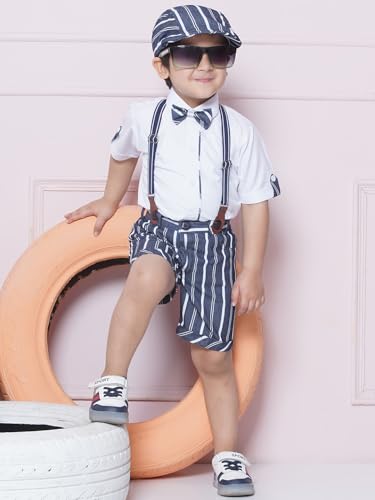 Image of AJ DEZINES Kids Cotton Blend Stripes Shirt Shorts With Cap and Suspender Set For Boys