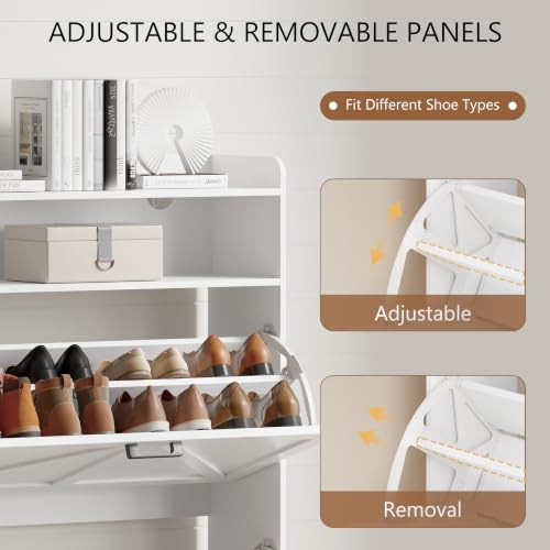 Image of Shoe Cabinet with 2 Flip Drawers, Freestanding Hidden Shoe Storage Organizer for Entryway, Narrow Slim Shoe Rack Cabinet with Open Storage & Hooks for Front Door Entrance, Living Room, Hallway, White