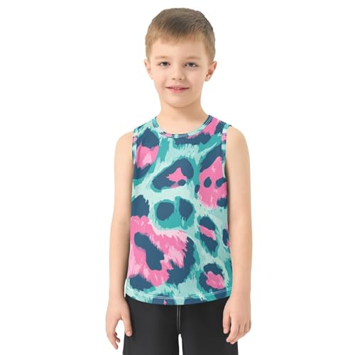 Bolaz Boys Athletic Quick Dry Tank Top Sleeveless Workout T Shirts Age 11-15,Blue and Pink Leopard Print2