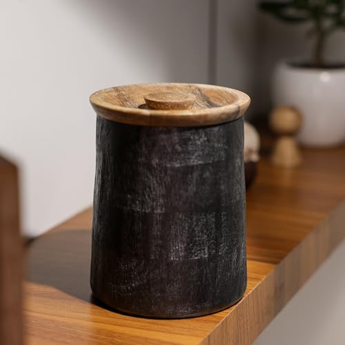 Image of Prakriti Acacia Wood Canister for Kitchen Organization | Tea Coffee Sugar Storage Jar | Natural Wooden Canister | 13.97 x 17.78 cm