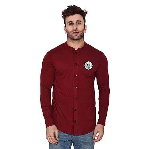 Image of Geum Men's Mandarin Collar Shirt | Slim Fit Full Sleeve Casual Shirt with Printed Chest Logo | Soft Cotton Blend Stylish Button Down for Party, Office
