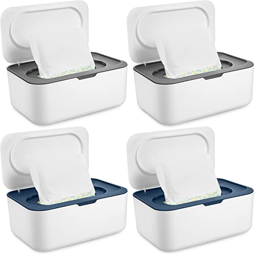 4 Pieces Wipes Dispenser Baby Wipes Case Container Case Wet Wipe Holder with Sealing Design Refillable Baby Wipe Dispenser Easy Open and Close (Blue, Gray)