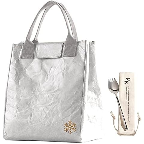 VonNova Tyvek Ästhetische isolierte Lunchtasche, auslaufsicher und wasserabweisend mit 1 Edelstahl-Göffel und einer Bestecktasche Cover