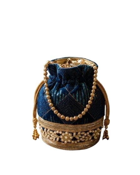Dark Blue Embroidered Potli Bag with Pearl Handle-image-37
