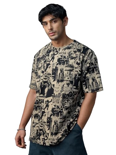 Image of The Souled Store Batman: Gotham City Men and Boys Half Sleeves Round Neck Graphic Printed Cotton Lightweight All-Season Oversized T-Shirt
