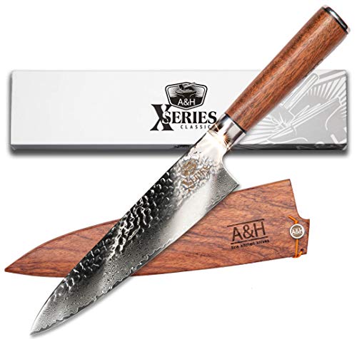 Anvil & Hammer | Professional Damascus Chef Knife with Sheath - 8” 67 Layer VG-10 Steel Hammer Finish Blade - All-Purpose Kitchen Knife with Full Tang Rosewood Handle
