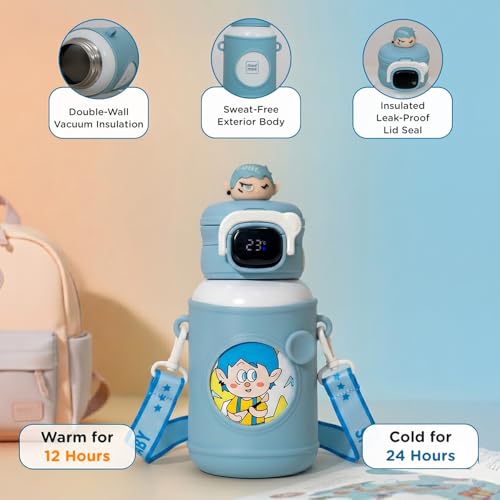 Image of Mee Mee Zippy Sippy 500ml Kids Stainless Steel Water Bottle with Smart Temperature Display | SS316 Steel | 3 Drinking Modes | Leak-Proof Insulated Hot & Cold Bottle | BPA-Free | 2-10 Years (Blue)