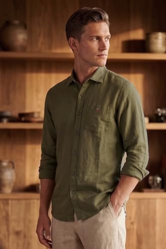 Image of Louis Philippe Men's Linen Blend Solid Shirt with Soft Handfeel & Naturally Antibacterial Finish - Holiday Wear