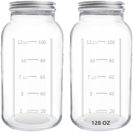 eleganttime 128 oz Mason Jars Extra Wide Mouth 2 Pack, 1 Gallon Glass Large Jars with Airtight Lid, Safe for Food Storage,Curing, Fermentation and Preservation(Not standard wide mouth)