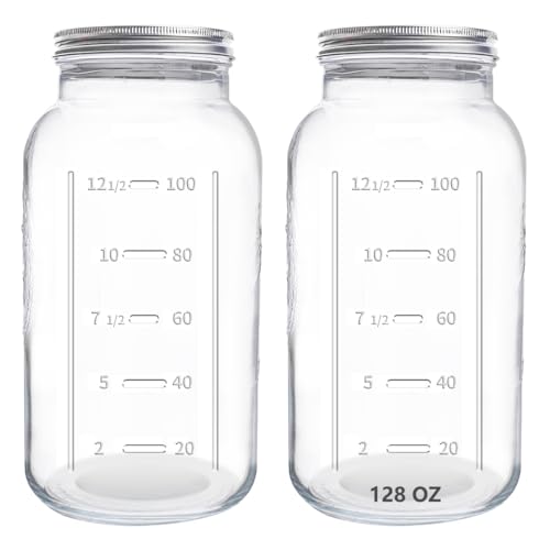eleganttime 128 oz Mason Jars Extra Wide Mouth 2 Pack, 1 Gallon Glass Large Jars with Airtight Lid, Safe for Food Storage,Curing, Fermentation and Preservation(Not standard wide mouth)