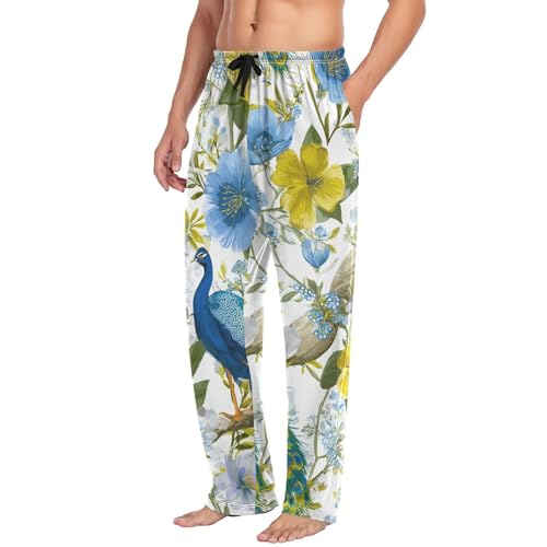 Peacock Spring Floral Pajama Pants for Men Comfort Sleep Lounge Bottoms Straight-fit with Pockets S-XXL3