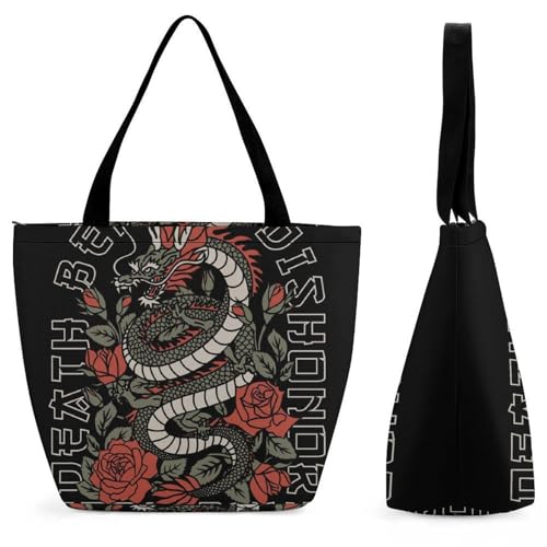 Sac à bandoulière dragon et fleur grand sac de shopping et voyage femme