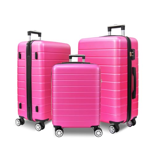 VANELC 3 Piece Hard Shell Luggage sets with TSA Lock Spinner Wheel ABS Lightweights Checked Convenient Stackable Suitcase Woman Men (20/24/28) (Rose Red, 3PCS)