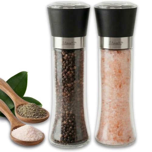 DESIGN ELEGANTE: Questo set di macina sale e pepe non è solo uno strumento, ma un vero elemento di arredo per la tua cucina; l'estetica minimalista del vetro trasparente combinato con l'acciaio conferisce un tocco di classe e raffinatezza, adattandosi perfettamente a qualsiasi stile di decorazione, dal moderno al tradizionale.