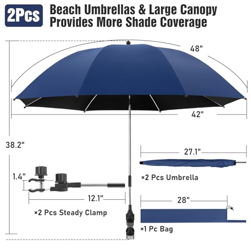 Image of 2 PACK Beach Umbrella with Clamp, 360 Adjustable Umbrellas for Chair, UPF50+ Umbrella for Beach Chair, Patio Chair, Wheelchair, Camping Chair, Golf Carts (Chair Not Included)
