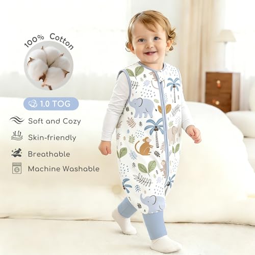 Image of Chilsuessy Toddler Sleep Sack with Feet 4-5 T, 1.0 TOG Cotton Baby Wearable Blanket with Legs, Sleep Bag Walker with 2-Way Zipper, Blue Animals
