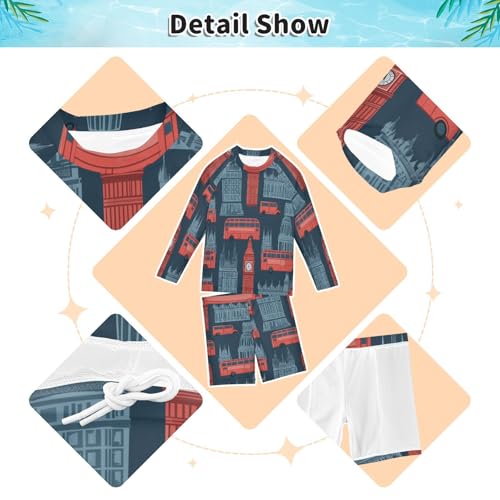 London Big Ben and Bus Boys Swimsuit Rash Guard Toddler Kids Long Sleeve Swim Shirt and Trunks Swimwear Set 3-10Y3