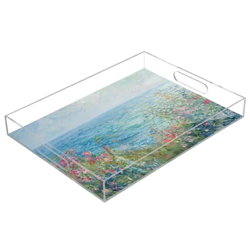 BOESI Oil on Canvas Flower and Sea Acrylic Decorative Dining Tray, Acrylic Decorative Tray Organizer with Handle for Kitchen, Dining Room, Bathroom, Dresser