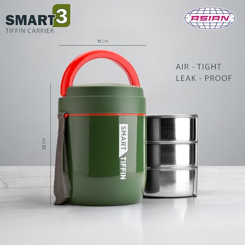 Image of Asian Plastowares - Tiffin Carrier 3 | Insulated Lunch Box | Compact | 3 Containers | Lunch Box for Adult | Leak-Proof | Ideal for Office or School | Dark Green