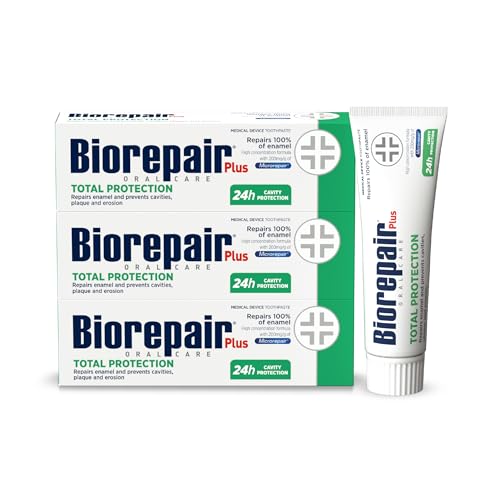 BIOREPAIR Plus Total Protection - Fluoride Free Hydroxyapatite Toothpaste Repairs Enamel & Prevents Cavities Plaque and Erosion Toothpaste for Sensitive Teeth - Oral Care 3x75ml Made in Italy
