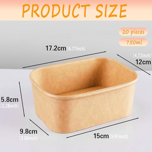 YIMINI Kraftpapier Schale, Take Away Kraftpapier Box, Essen Verpackung Einweg, Mehrweg Schüsseln, Pappschüsseln， Wasserdicht, Ölbeständig, Zum Mitnehmen, Arbeitsessen, Reisen (Mit Deckel, 750ml)
