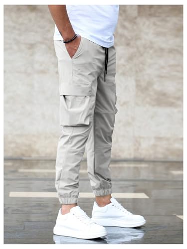 OYOANGLE Men's Drawstring Waist Cuffed Cargo Pants Casual Solid Joggers with Pocket3