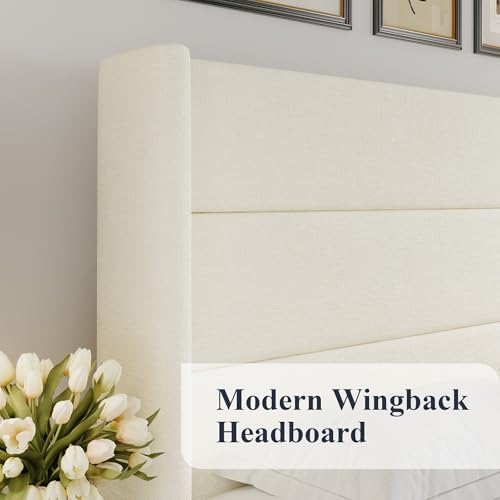 Image of Allewie Full Size Lift Up Storage Bed, Chenille Fabric Upholstered, Modern Wingback Headboard, Hydraulic Support, No Box Spring Needed, Cream White