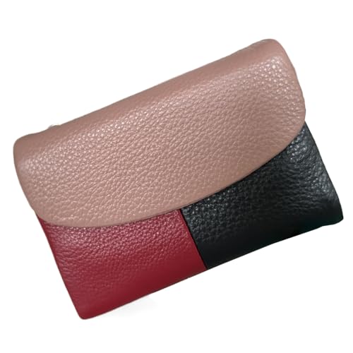 Premium Leather Wallet, Multi-Slot Card Holder with ID Window, Zipper Coin Purse, First Layer Leather (Color Block - Pink)