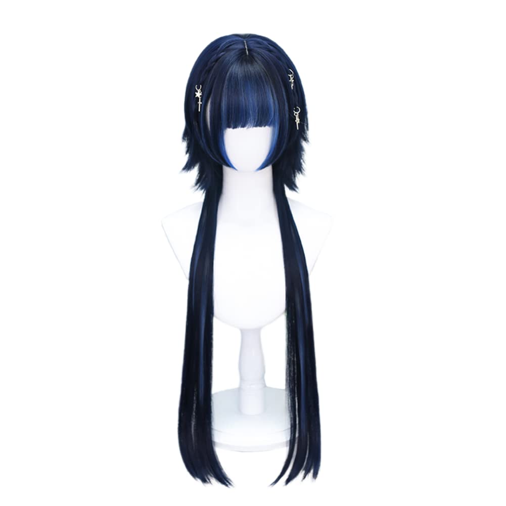 Hime Cut Black Layered Hair Highlight Blue Lolita Bob Wig Hair with Bangs, Pre-styled Jellyfish Hair Wig for Women Girls, Party Wig Halloween Daily Wigs (loose Styling,blue Highlights)