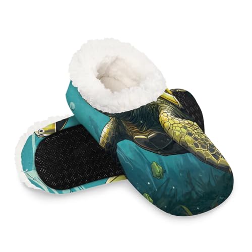 Blue Ocean Teal Sea Turtle Women's Soft Slippers Fuzzy Slip On House Slippers for Winter Bedroom Outdoor with Fleece Lining