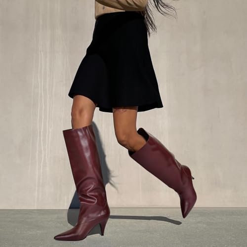 MIRAAZZURRA Womens Knee High Boots Pointed Toe Slouchy Boots for Women Wide Calf Cone Heel Pull on Boots2