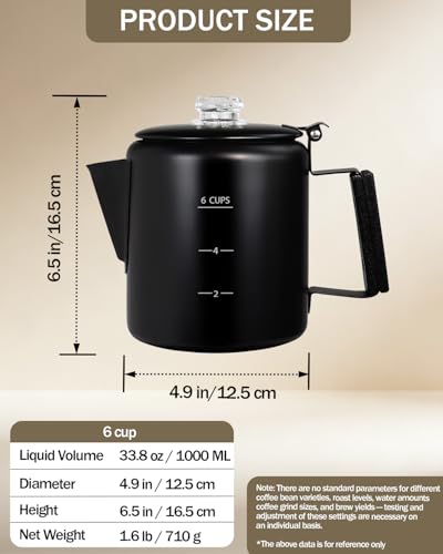 Image of Coffee Maker Coffee Percolator 304 Stainless Steel Pot Stovetop Easy Brewing Even Heating 6 Cup 33.8oz 1000ml Black Classic Design Heat Resistant Home Camping Outdoor