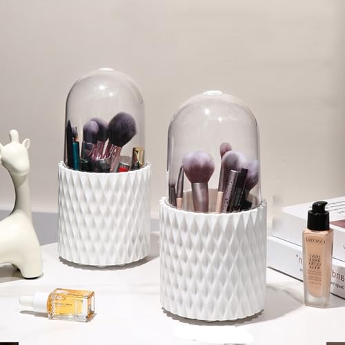2 Pack Makeup Brush Holder, 360-Degree Rotating Makeup Brush Organizer with Clear Acrylic Lid, Dustproof Waterproof 5 Slot White Pencil Storage Cup for Desktop Countertop Vanity, March 8 Women's Day