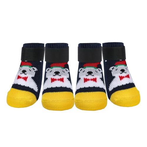 PETLOFT 4 Calcetines Antideslizantes para Perros, Divertidos Calcetines Navideños con Velcro Ajustable, Protegen Patas de Lamido y Arañazos, Osezno Azul, L (3,5 cm A x 9 cm L)
