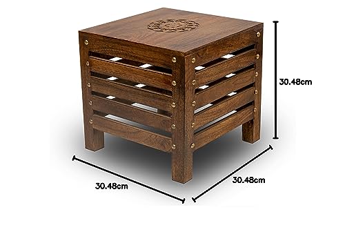 SATTVA Wooden Stool for Living Room & Bedroom | Handmade Mango Wood Furniture with Antique Finish | Multipurpose Sitting Chair, Footstool, Plant Stand, Side Table & Home Decor - Brown