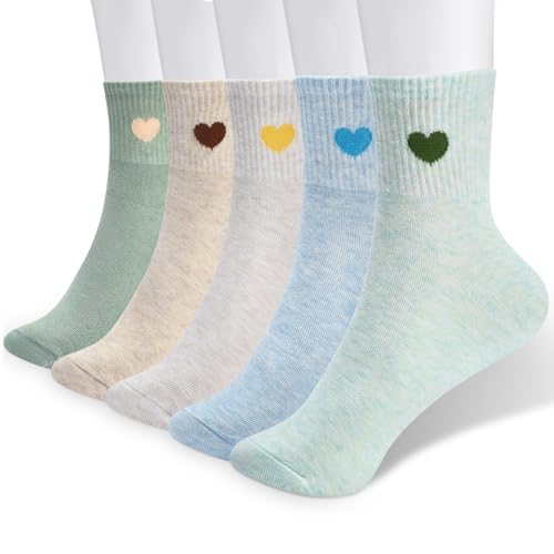 Image of Corlap Women's Cotton Crew Socks - Ankle High Fun Cute Heart Casual Dress Athletic Socks - 5Pairs Gifts for Mother /Her