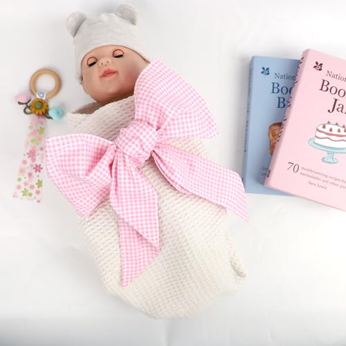 Image of Newborn Swaddle Sash, Soft Cotton Bow Decorative Strap for Swaddles, Adorable Maternity Bow Sash, 70x5.5 Inch, Pink Plaid