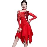 [RIKOUZY] ラテンダンス衣装 ラテンドレス レッスン着 競技 スパンゴール 不規則裾 肩見せ ワンピース 社交ダンスウェア 試合 チャチャ サルサ ルンバ ウェア 練習服(レッドXL)