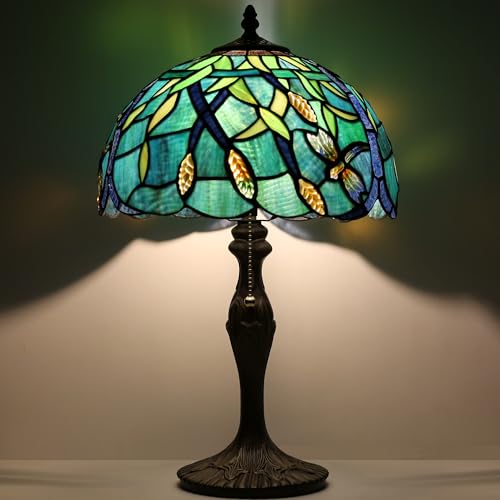 Image of Tiffany Table Lamp Stained Glass Reading Lamp Green Dragonfly Style