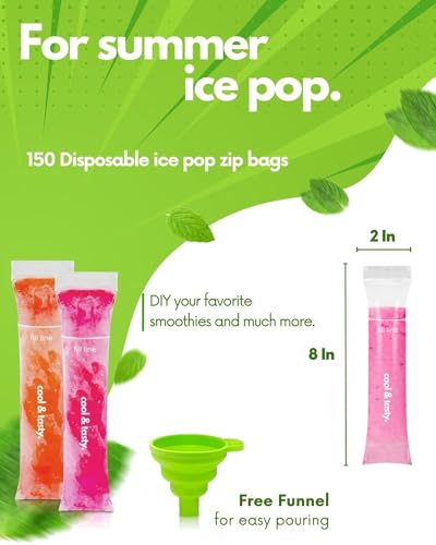 ANSMIO 150 Disposable Popsicle Mold Bags with Zip Seals, 8x2" Freezer Tubes for DIY Ice Pops, Yogurt, Juice & Fruit Smoothies - Includes Funnel, BPA-Free, Ice Pop Molds