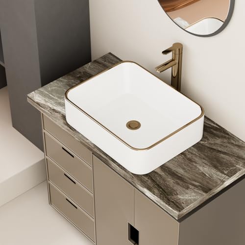 GHOMEG 19 Inch Bathroom Vessel Sink White Bathroom Sink Ceramic with Gold Rim 19x15 inch Above...