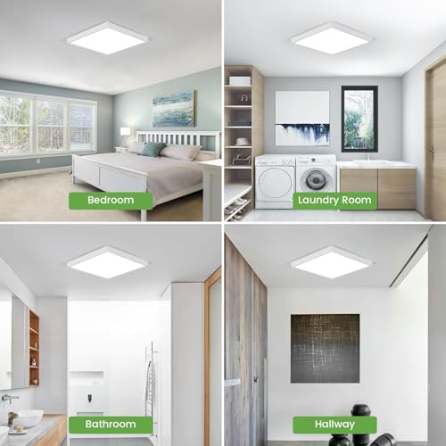 white Goeco 12 Inch Square Flush Mount LED Ceiling Light, 24W 6500K Daylight Cool White, Super Bright Surface Mount Ceiling Light Fixture for Bedroom, Living Room, Kitchen, Bathroom, Laundry Room, Closet