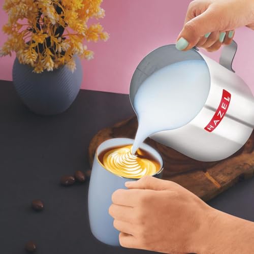 Image of HAZEL Stainless Steel Tea Coffee Milk Frothing Pitcher Serving Pot with Handle Spill Proof Pouring, 800 ML
