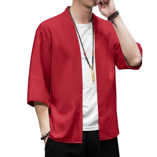Image of PRIJOUHE Men's Kimono Jackets Cardigan Lightweight Casual Cotton Blends Linen Seven Sleeves Open Front Coat Outwear