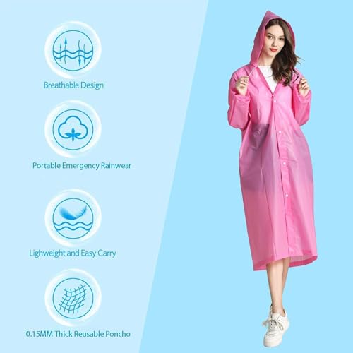 Image of Reusable Raincoats for Adults, 2 Pcs Rain Ponchos Emergency for Women Men with Hood and Drawstring