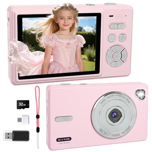 Digital Camera 4K - Autofocus Compact Cameras with 32GB SD Card 44MP Portable Mini Small Photo Camera with 2.8" LCD Screen 18X Digital Zoom Vlogging Camera for Students, Teens, Beginners (Pink)